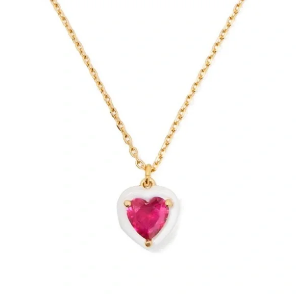 Kate Spade Gold-Tone White-Framed Red Crystal Heart Pendant Necklace, 16" + 3" - Picture 1 of 3